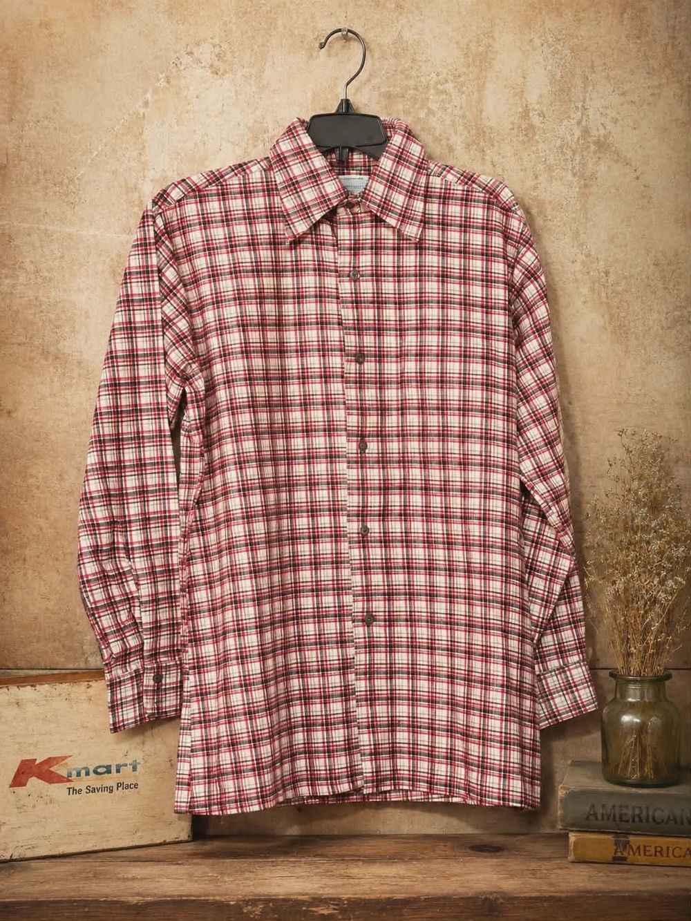 Vintage 1978–1985 Kmart Plaid Flannel Button Up Shirt Mens Med Made in Hong Kong